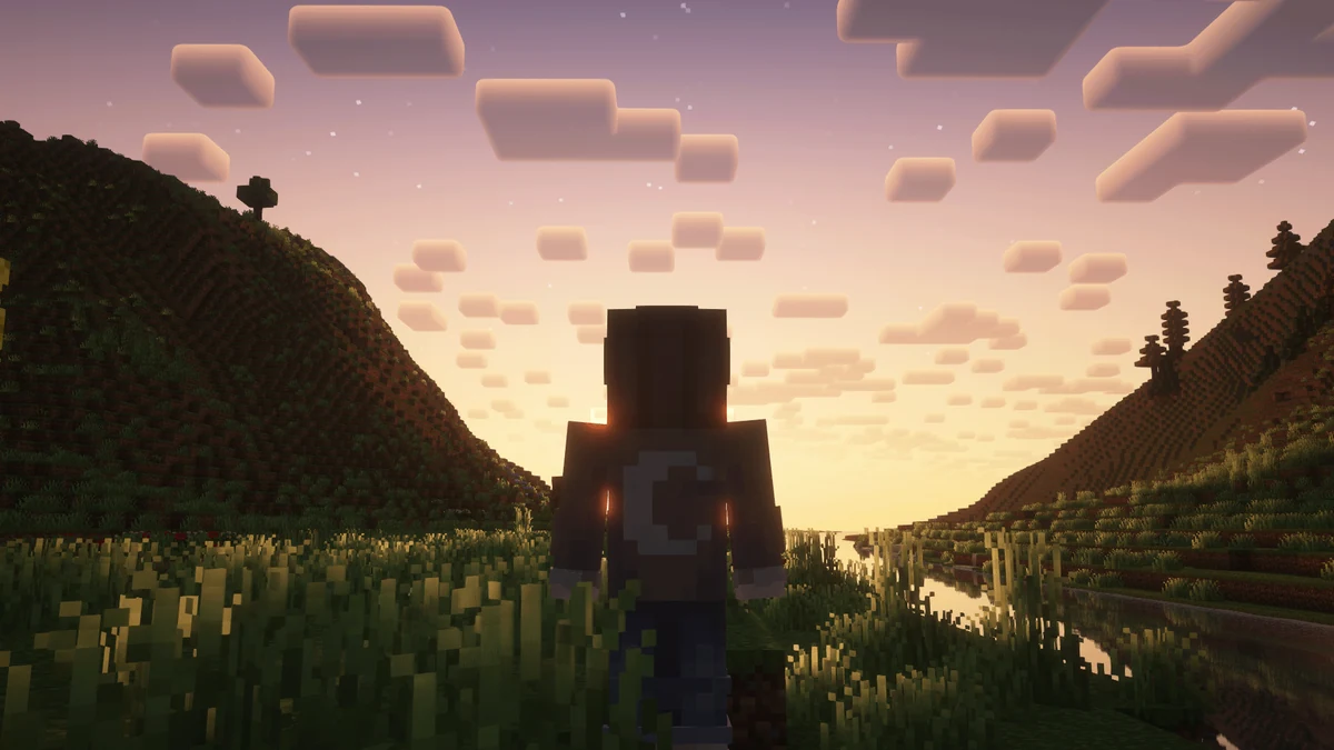 A character beside a river at sunset in Cottage World
