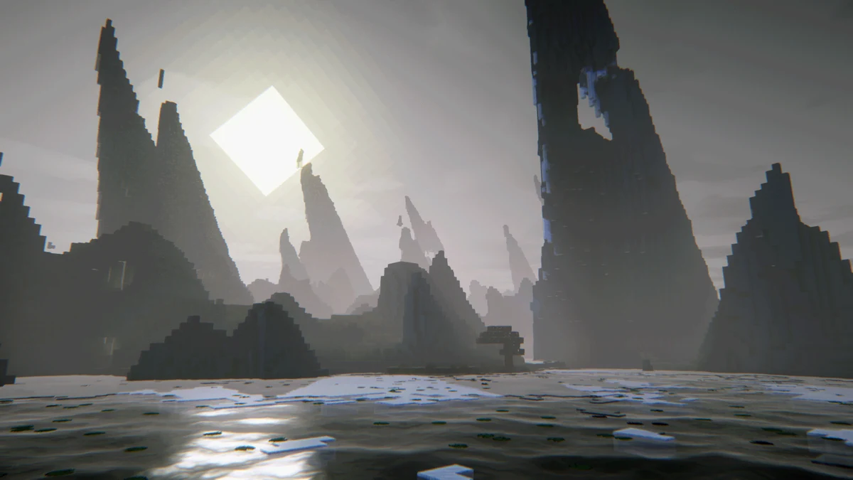 A rocky Shadowfall landscape with tall spires beside water under a bright sun