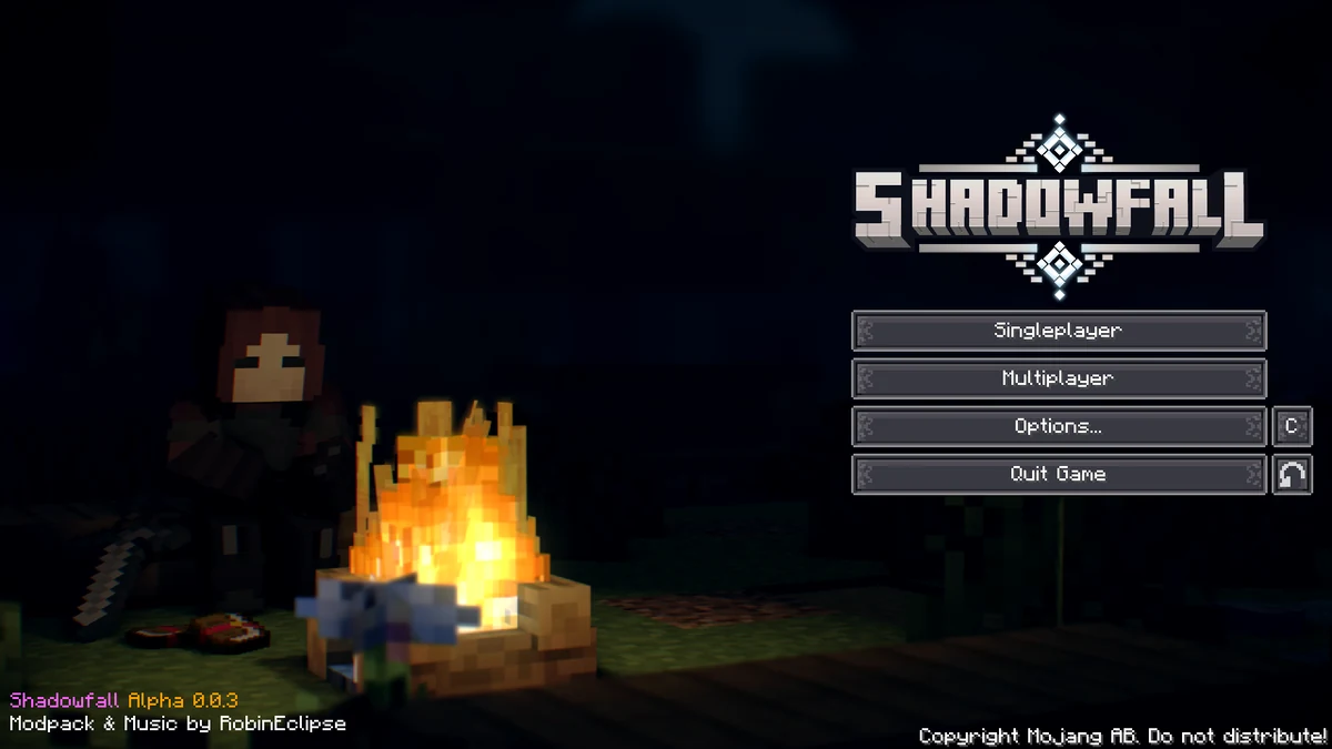The Shadowfall main menu with a seated character beside a campfire